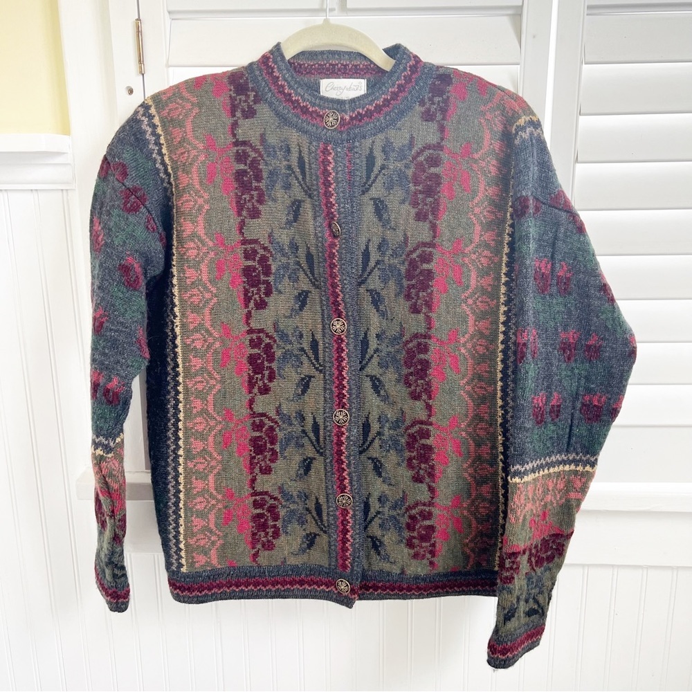 Cherry Lewis Vintage Multicolor Floral English Wool Blend Cardigan Sweater Small